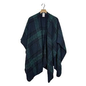 Woolrich Poncho Shawl Wrap One Size Navy Blue Green Tartan Plaid Open Front